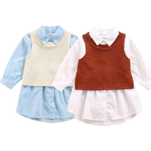 2-7Y Fashion Autumn Kids Girls Dress Suits 2pcs Solid Long Sleeve Single Breasted Shirts Dress+Knitted Vest Cotton Outfits