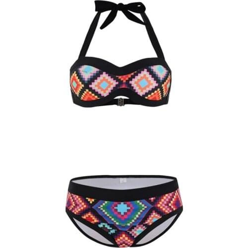 Geometric Print Halter Ladies Split Bikini Open Back Ladies Swimsuit