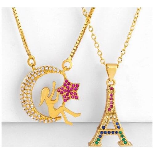 Moon women multicolor micro pave cz zircon cubic zirconia necklace copper Clavicle gold plated Snake Chain Choker Pendant ytfg2