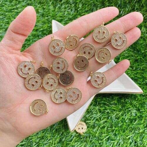 10Pcs Trendy Happy Face Pendant Smiley Face Round Shape Charm Necklace Full CZ Paved Jewelry for Men Women