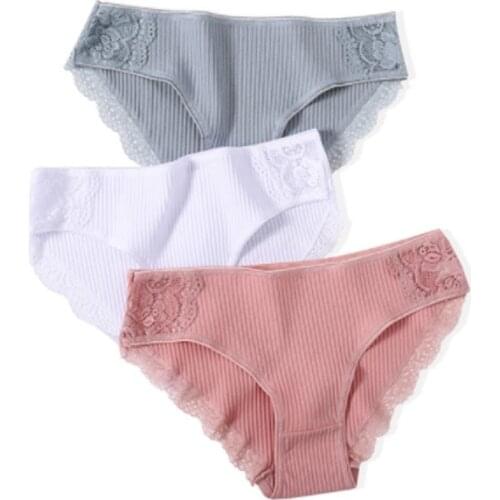 3PCS/Set 6 Color Women Panties Cotton Lace Briefs Solid Color for Female Striped Sexy Cotton Underwear Lingerie Low Waist Flower