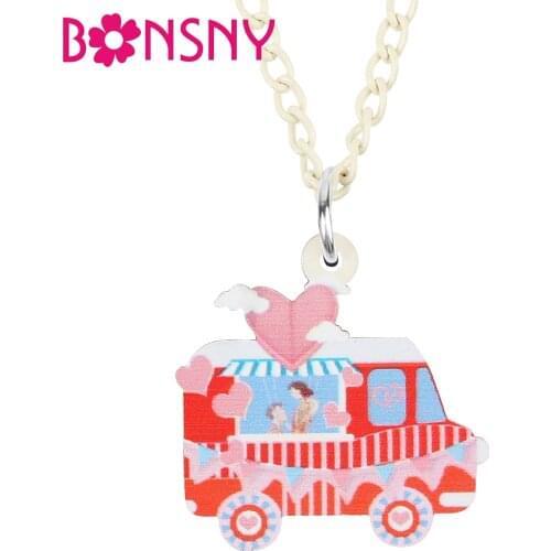 BONSNY Valentines Day Acrylic Sweet Red Heart Balloon Pink Car Necklace Pendant Long Novelty Charms Jewelry For Women Girl