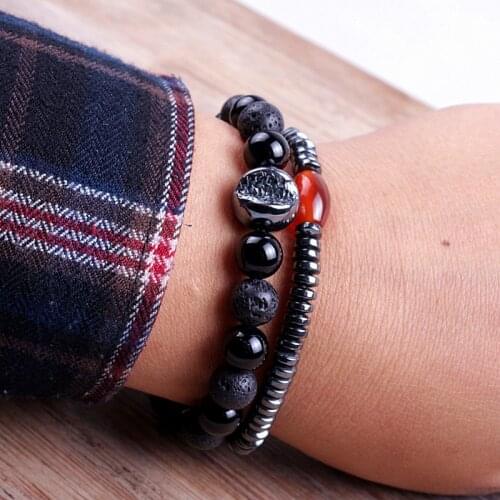 2pcs/set Fashion black Stone Bead Hematite Bracelet Sets Men Charm bracelets & bangles Handmade Men Wristband Jewelry