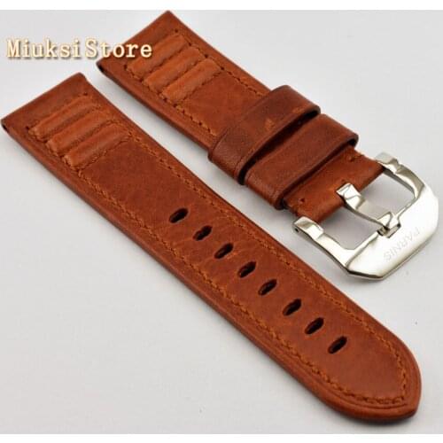Parnis watch parts 24mm big handmade leather soft brown watch band polishing Buckles