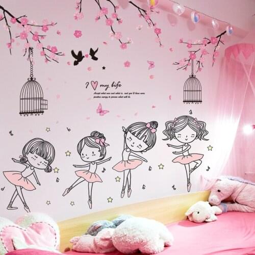 DIY 3D Pink Flower Dancing Girls Home Decor Mural Decals Wall Art Sticker For Girls Kids Living Room Bedroom House Decoration