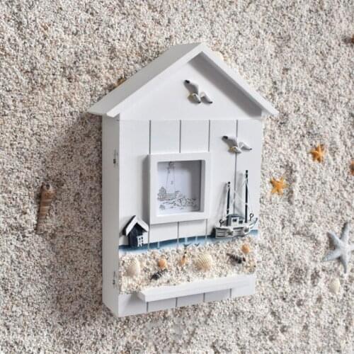 E8BD Mediterranean Style House Shape Wooden Key Holder Box Case Wall Mounted Hanging Cabinet Storage Organizer Creative Home