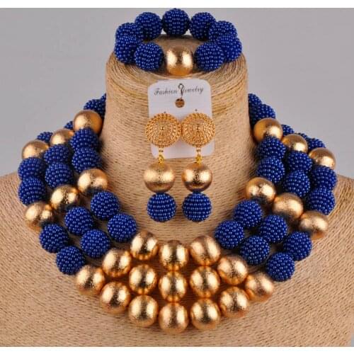 Royal blue african wedding beads jewelry set simulated pearl nigerian necklace set jewelry for women FZZ35