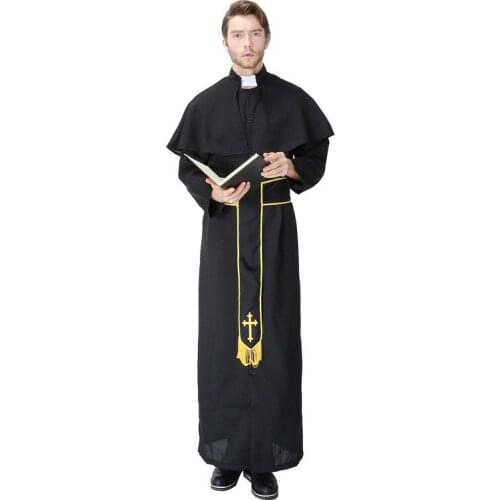 Halloween Mens Pastor Priest Monk Robe Costume Godfather Missionary Church Clergyman Outfit