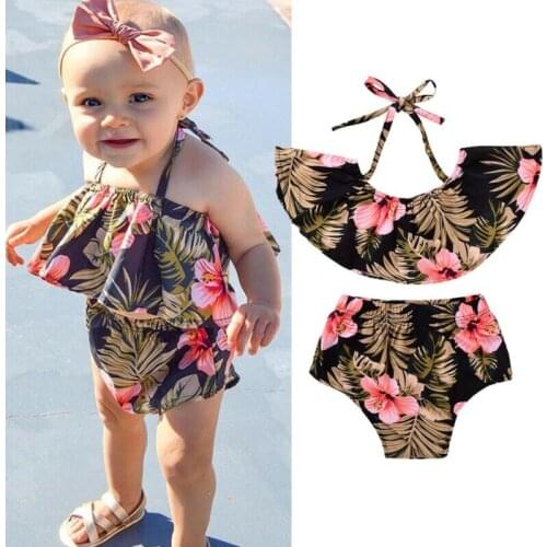 Toddler Kids Baby Girls Summer Clothes Ruffle Flower Crop Tops+Short Pants Brief Printing Floral Cotton
