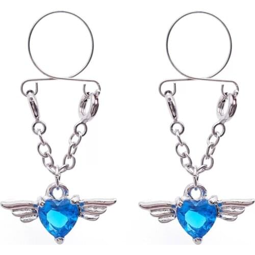 Hot Sale Blue Heart Non pierced Clip On Nipple Ring Nipple Crystal Wing Dangle Fake Nipple Adjustable Sexy Women Body Jewelry