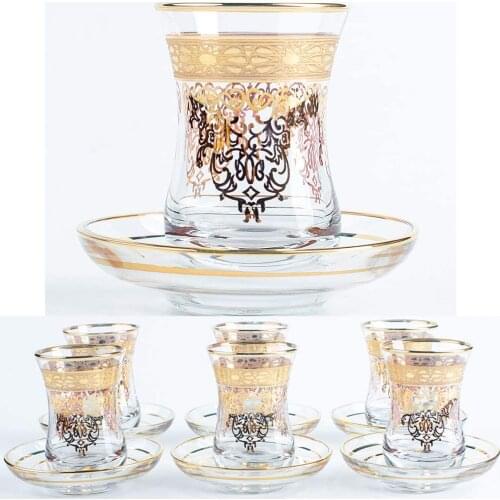 Turkish Tea Glasses Cups Set of 6 and Saucers with Vintage Gold Moroccan Crystal Cut Decors for Serving and Drinking Housewarmin