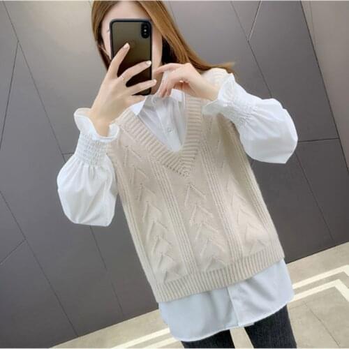 2021 new sweater womens vest knitted spring and autumn loose western style casual sleeveless v-neck solid color top all-match