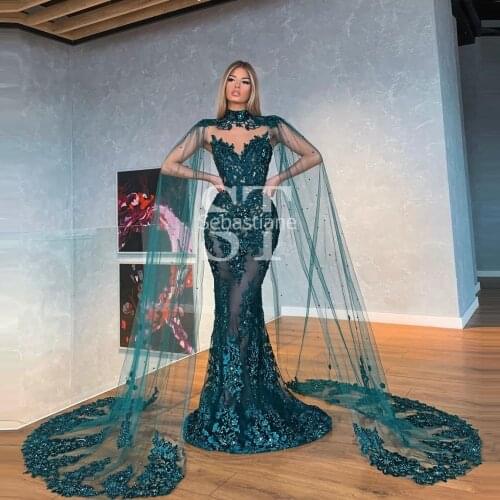 New Designer Mermaid Evening Dresses With Cloak Tulle Lace Appliques Prom Gowns Beaded Plus Size High Neck Detachable Two Pieces