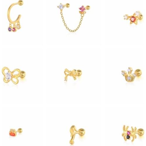 CANNER 925 Sterling Silver Earrings Crown Bow Butterfly Color CZ Zircon Screw Cartilage Piercing Earrings With Charm Brincos