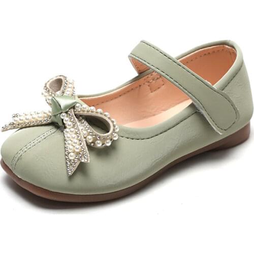 Girls Leather Shoes Princess Dress Shoes for Toddlers Kids Pearls Beading Bow-knot Black Green Pink for Wedding Childrens Flats