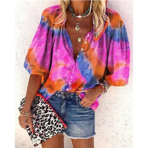 Autumn 2021 New Style Casual Loose Tie-Dye Printing Long-Sleeve V-Neck Button Ladies Shirt Fashion Splice Oversize Tops Female