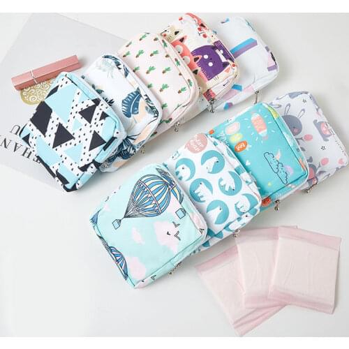 Women Portable Sanitary Napkin Storage Bag Cotton Travel Makeup Storage Bag Literary Zipper Coin Purse Sundries Storage