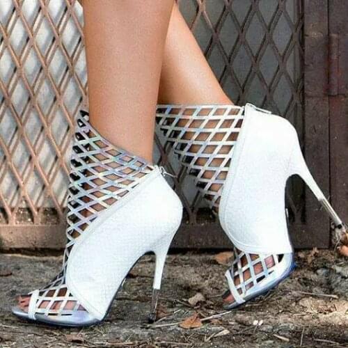 Sexy Women Rhombus Cut Out Ankle Boots Woman Color Intrigue Patchwork Peep Toe Summer Sandals Boots Sexy High Heels Bottines