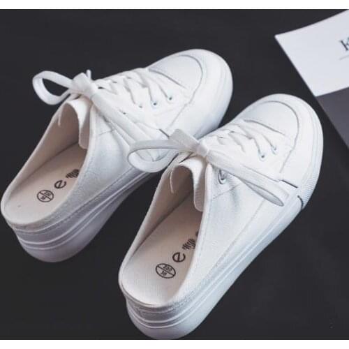 New autumn and winter increased canvas shoes women without heel half mop shoes thick bottom breathable non-slip white shoes