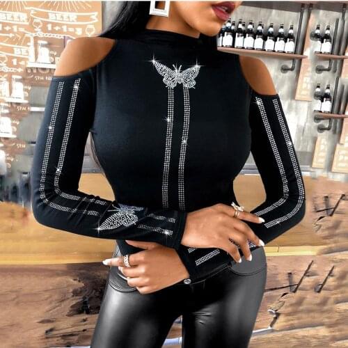 40#Womens Sexy Shirts Fashion Cold Shoulder Butterfly Pattern Rhinestone Studded Top Tops Streetwear Autumn Blouses Top топ