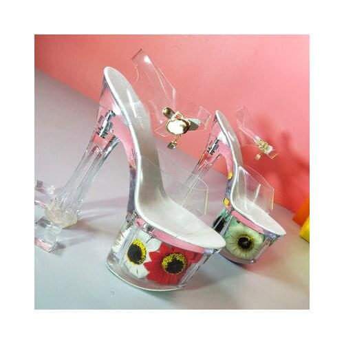 2019 Square Heel Women Slippers Summer Sun Flower Sexy Crystal Slippers 17.5cm Transparent Sandals Cool Size 34-43 Wedding Shoes