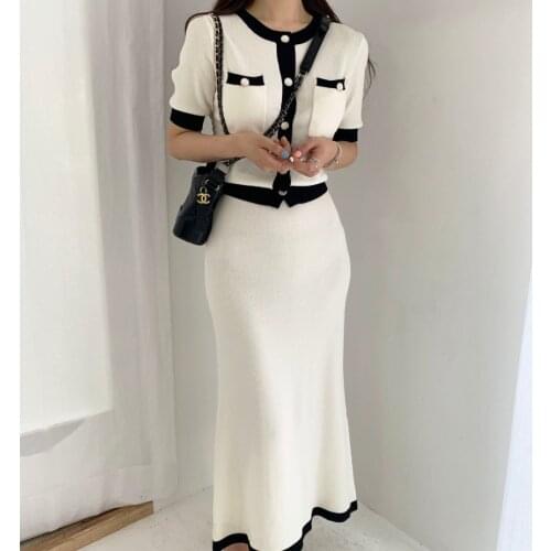 Knitting Two Piece Set Woman Autumn White Elegant O-neck Sweater + Elastic Waist Skirts Korean Fall Business Dress Sets