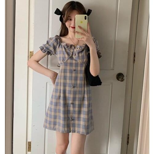 2021 Summer French Retro High Waist A-Line Slim Puff Sleeve Plaid One Piece Korean Fashion WomenS Clothing Dress Lady Vestidos
