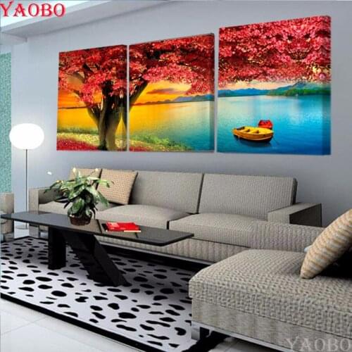 3pcs Diy Diamond Painting Rhinestones Diamond Embroidery Landscape Red Trees lake Diamond Mosaic cross stitch wall sticker decor