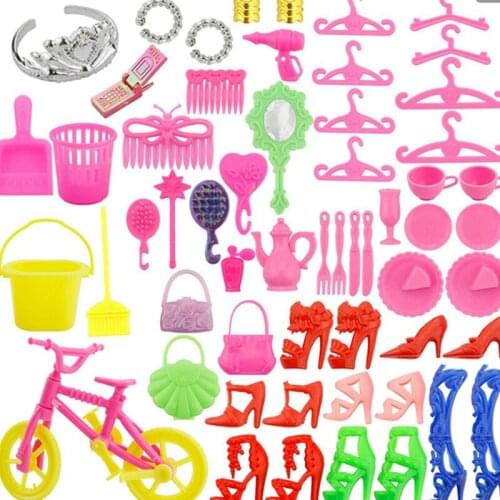 55pcs/set Pink Hangers Dress Clothes Accessories Doll Pretend Play Bag Shoes for Baby Doll New Year Girls' Gift Low Price
