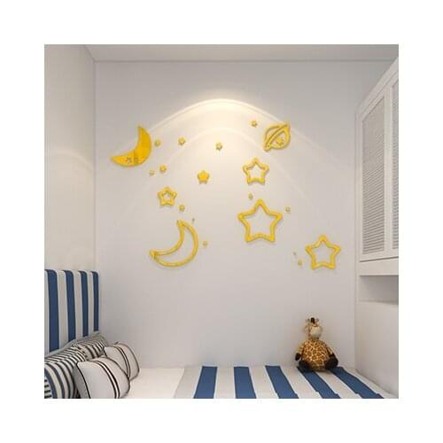 Acrylic mirror stickers 3D effect stars and moon shaped stick on children room cartoon style stickers wall bedroom decor