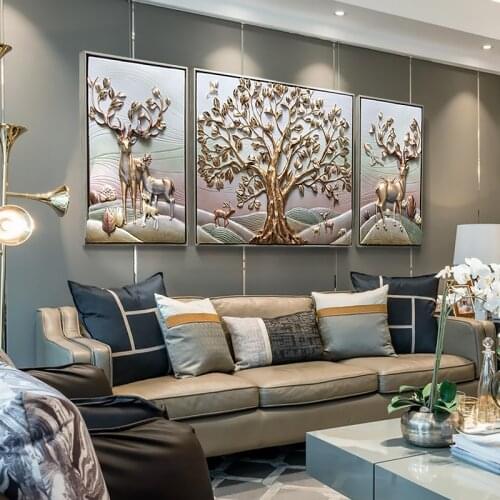 Living Room Decoration Painting Living Room Poster Painting Lucky Feng Shui Deer 3d Three-dimensional Relief Wealth Tree Mural