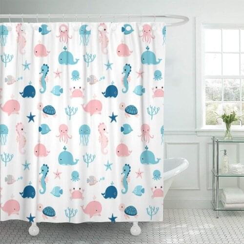 Kids Cute Summer Sea Animals in Blue and Pink Shower Curtain Waterproof Polyester Fabric 72 x 72 Inches with Hooks