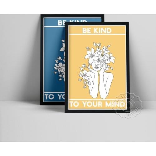 Be Kind To Your Mind Blue Yellow Poster, Flower Leaf Woman Body Wall Painting, Motivational Quote Canvas Prints, Birthday Gift