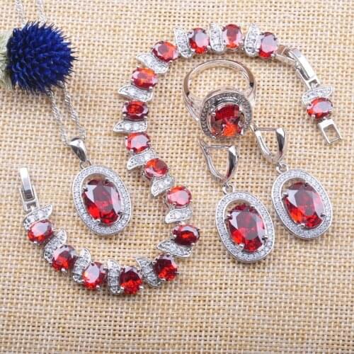 Red Garnet Womens Wedding Silver Color Zirconia Jewelry Set Bracelet Pendant Earrings Ring Russian Style YZ093
