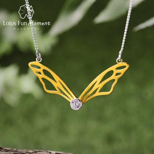 Lotus Fun Moment Real 925 Sterling Silver Handmade Designer Fashion Jewelry Hollow Butterfly Wings Pendant Necklace for Women