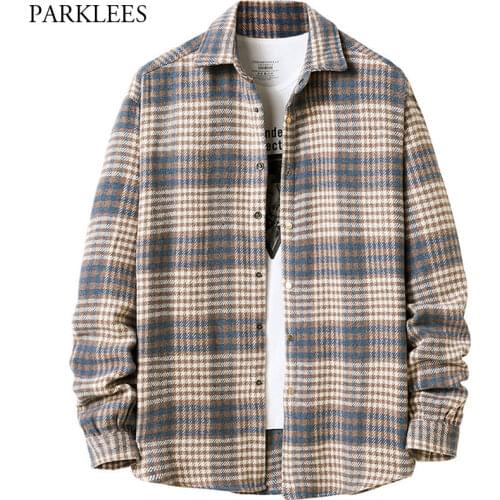 Oversized Shirt Jacket Men Style Big Plaid Flannel Mens Shirts Chemise Homme Casual Metal Button Korean Streetwear Men Clothes