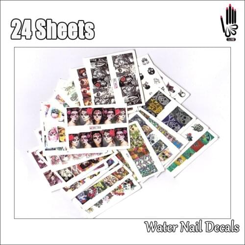 Nail Art 24Sheets/Lot Mix Voodoo Doll Flower Skull Terror Gril Nail Art Water Decal For Nail Sticker Art Decoration 24BN184