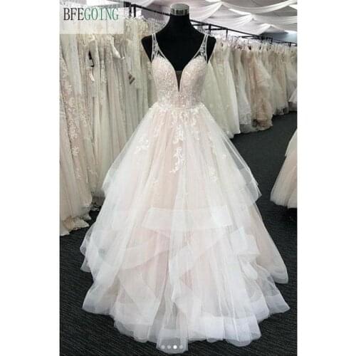 Ivory Lace Appliques Tulle Beading Lace V-Neck Sleeveless Spaghetti Straps A-line Floor-Length Wedding dresses Bridal gown