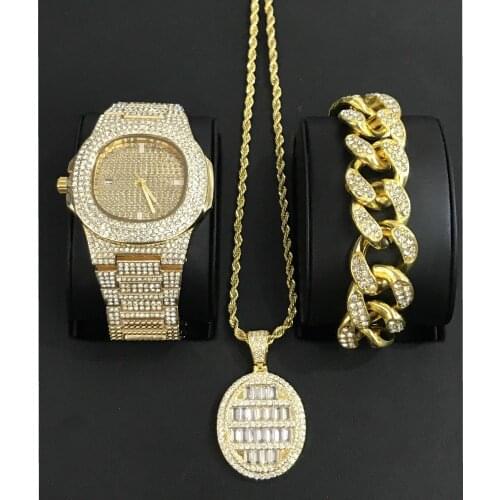 Luxury Men Gold Color Watch Men Jewelry Watch & Bracelet & Necklace Combo Set Pendant Ice Out Cuban Bracelet Hip Hop For Men