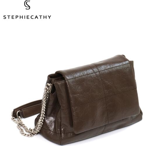 SC Luxury Deisgn Metal Chain Cowhide Shoulder Bags For Women 2021 Retro Flap Crossbody Female Wax Leather Pillow Handbags Purses