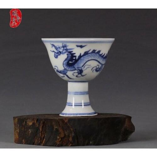 China old antique Porcelain MING XUANDE BLUE & WHITE dragon High foot cup