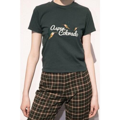 Slim Girls Soft Cotton Casual T-shirt 2021 Summer Fashion Ladies Office Women Bird Embroidery Green T-shirt