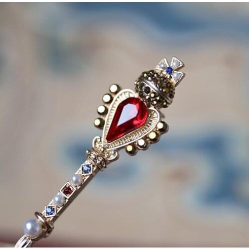 Medieval Vintage Pharaohs Staff Imitation Red Gem Brooch Cosplay Handmade Baroque Pearl Wands Palace Queen Brooch Accessories
