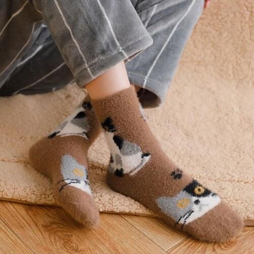 Vintage Winter Mink Hair Thickening Women Socks Girl Retro Cute Cat Sock Ladies Warm Tube Sweet Floor Home Sleep Funny Socks