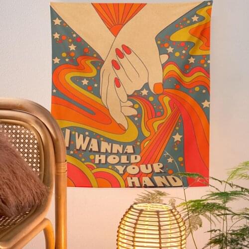 Vintage Tapestry Wall Hanging Retro Sun Trippy Aesthetic Room Decor Hold Your Hand Home Living Room Rainbow Decoration Mural