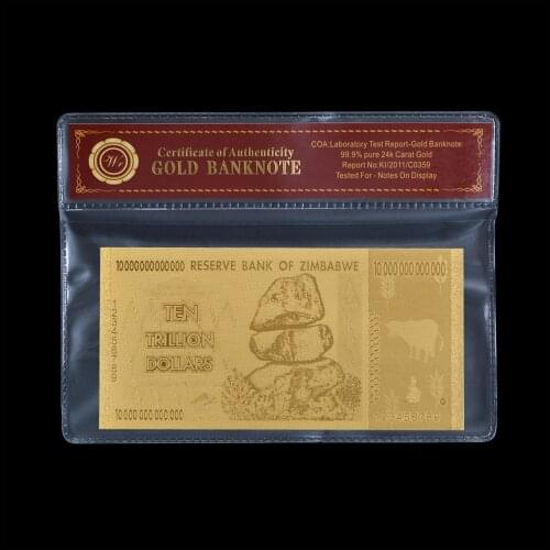 WR Prop Money Gold Plated Zimbabwe 10 Trillion Dollars Banknote with Plastic Frame Fake Money Foil Banknote Souvenirs Gifts