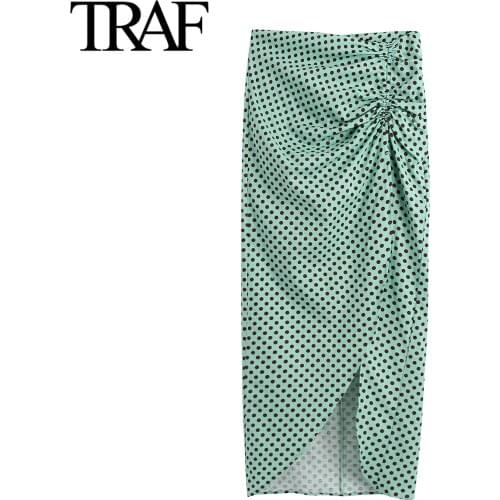 TRAF Za Womens Clothing French Fashion Dot Skirt Female Green Long Skirt Office Lady Chic High Waist MIDI Skirt