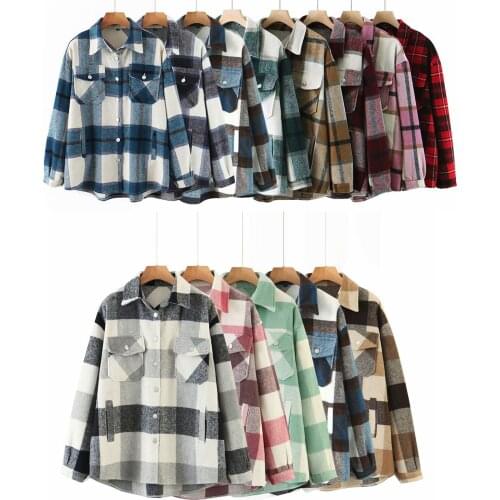 Women Plaid Button Down Shirts Lady Girls Casual Long Sleeve Loose Coat Lapel Outwear With Pocket Spring Autumn Casual Clothing