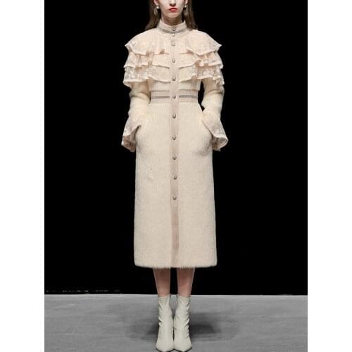 Playful Ruffles Tassel Thick Winter Dress For Women Elegant Mink Fur Dresses Stand Collar Lace Hook Flower Single Breasted Dress