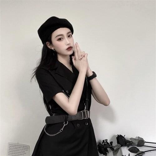 2021 New High Quality Slim Ladies Trendy Dresses Summer Double-breasted Pink Suit Short-sleeve Little Black Dress With Belt